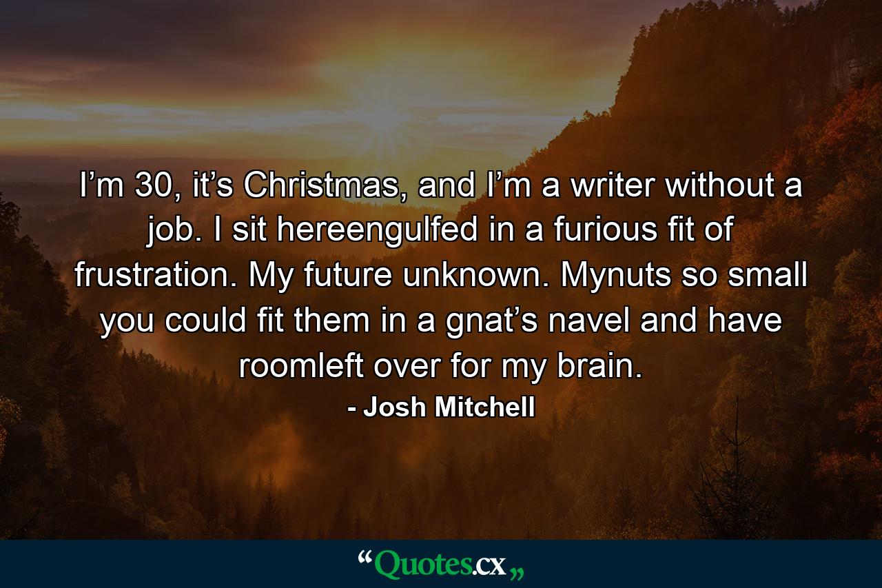 I’m 30, it’s Christmas, and I’m a writer without a job. I sit hereengulfed in a furious fit of frustration. My future unknown. Mynuts so small you could fit them in a gnat’s navel and have roomleft over for my brain. - Quote by Josh Mitchell