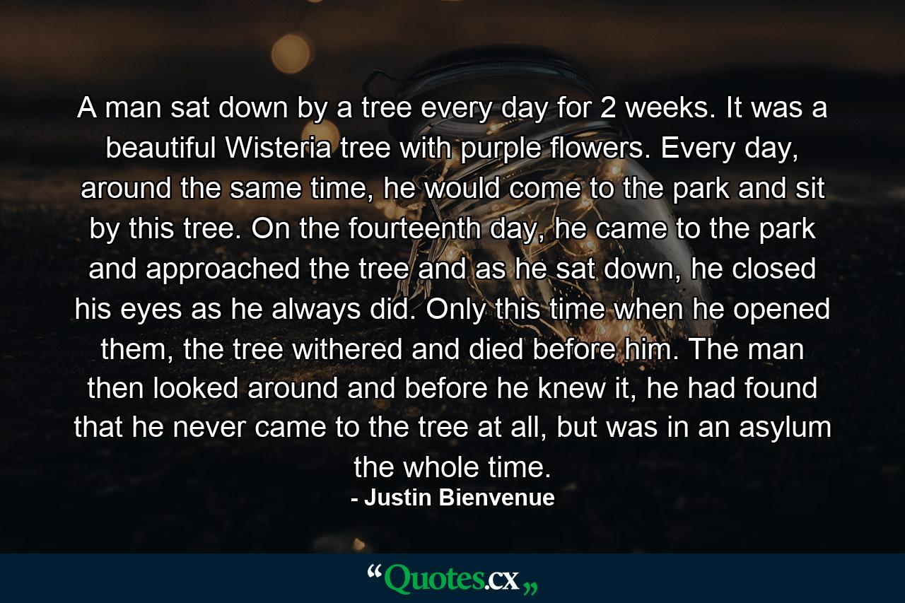 A man sat down by a tree every day for 2 weeks. It was a beautiful Wisteria tree with purple flowers. Every day, around the same time, he would come to the park and sit by this tree. On the fourteenth day, he came to the park and approached the tree and as he sat down, he closed his eyes as he always did. Only this time when he opened them, the tree withered and died before him. The man then looked around and before he knew it, he had found that he never came to the tree at all, but was in an asylum the whole time. - Quote by Justin Bienvenue