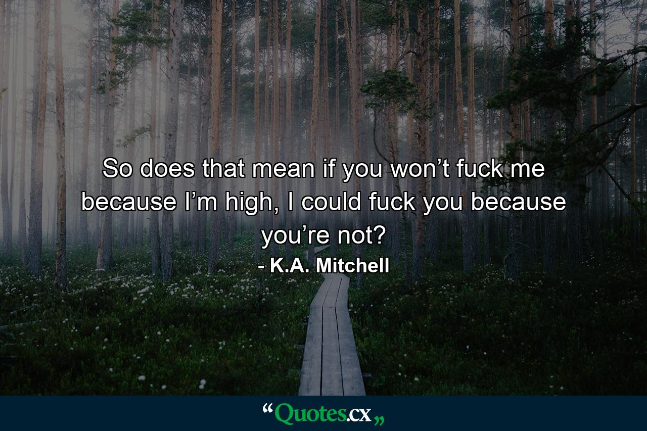 So does that mean if you won’t fuck me because I’m high, I could fuck you because you’re not? - Quote by K.A. Mitchell