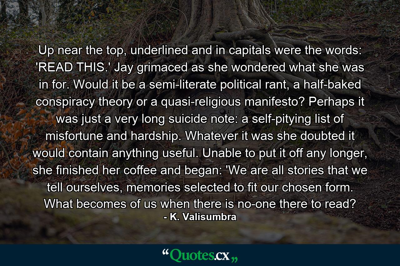 Up near the top, underlined and in capitals were the words: 'READ THIS.' Jay grimaced as she wondered what she was in for. Would it be a semi-literate political rant, a half-baked conspiracy theory or a quasi-religious manifesto? Perhaps it was just a very long suicide note: a self-pitying list of misfortune and hardship. Whatever it was she doubted it would contain anything useful. Unable to put it off any longer, she finished her coffee and began: 'We are all stories that we tell ourselves, memories selected to fit our chosen form. What becomes of us when there is no-one there to read? - Quote by K. Valisumbra