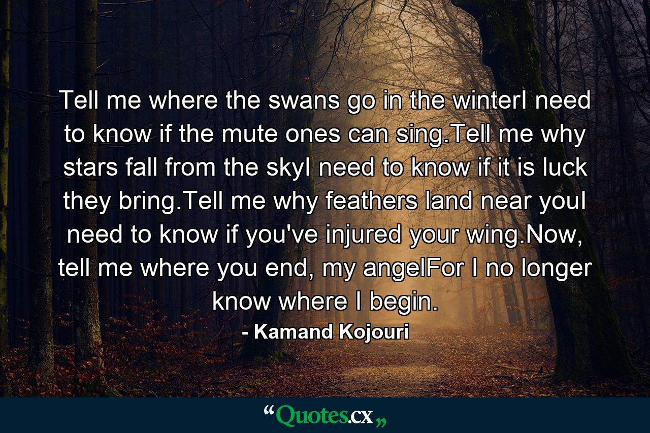 Tell me where the swans go in the winterI need to know if the mute ones can sing.Tell me why stars fall from the skyI need to know if it is luck they bring.Tell me why feathers land near youI need to know if you've injured your wing.Now, tell me where you end, my angelFor I no longer know where I begin. - Quote by Kamand Kojouri