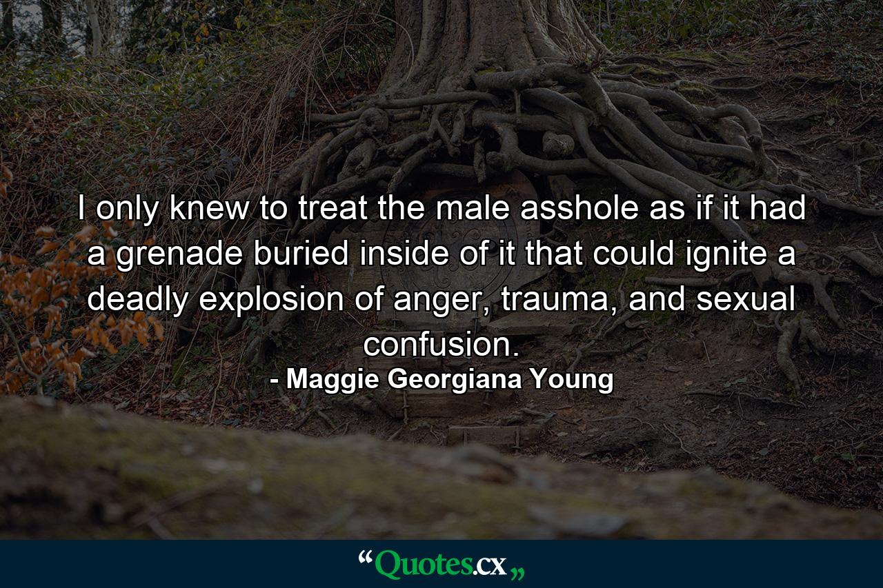 I only knew to treat the male asshole as if it had a grenade buried inside of it that could ignite a deadly explosion of anger, trauma, and sexual confusion. - Quote by Maggie Georgiana Young