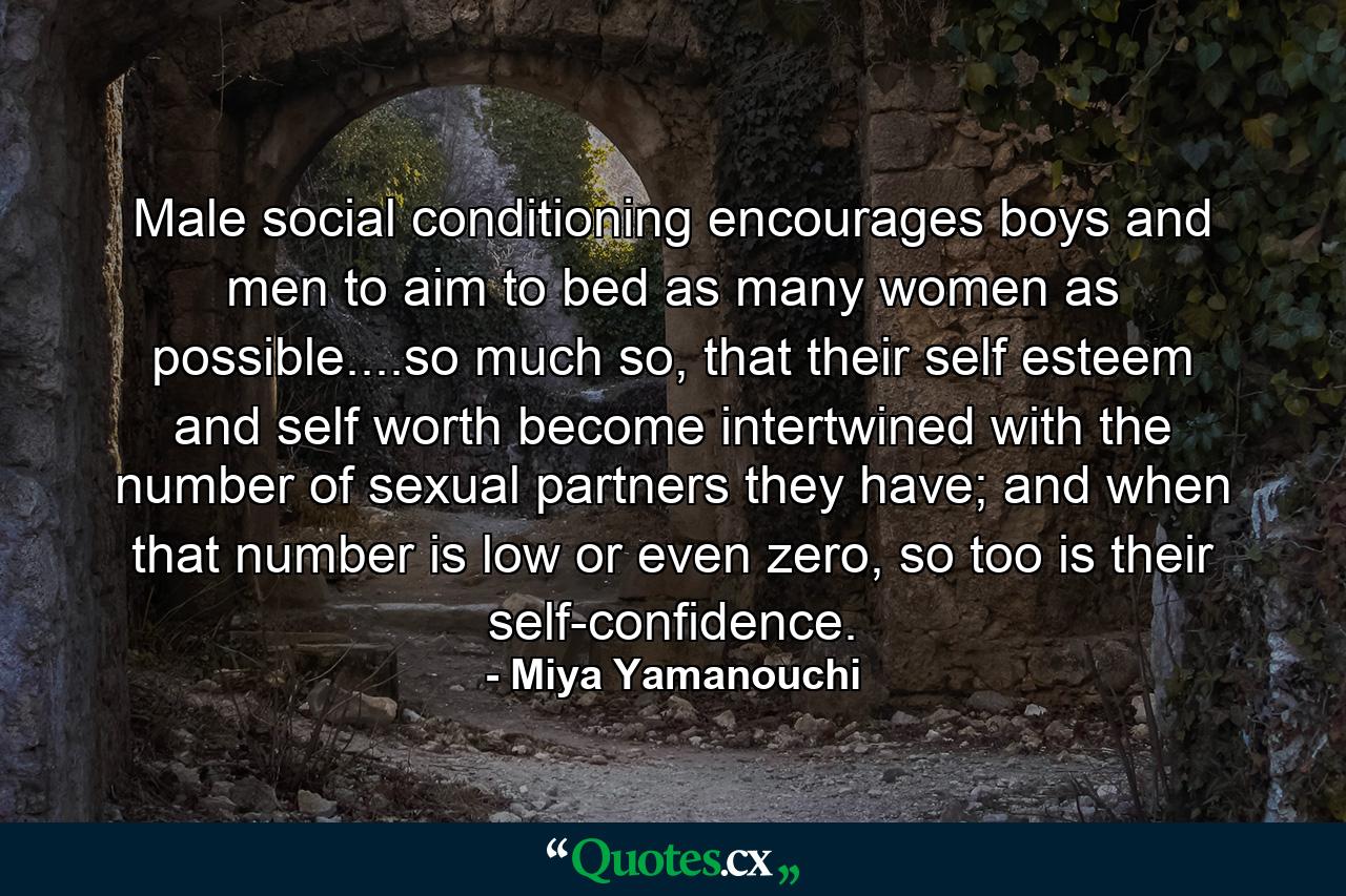 Male social conditioning encourages boys and men to aim to bed as many women as possible....so much so, that their self esteem and self worth become intertwined with the number of sexual partners they have; and when that number is low or even zero, so too is their self-confidence. - Quote by Miya Yamanouchi