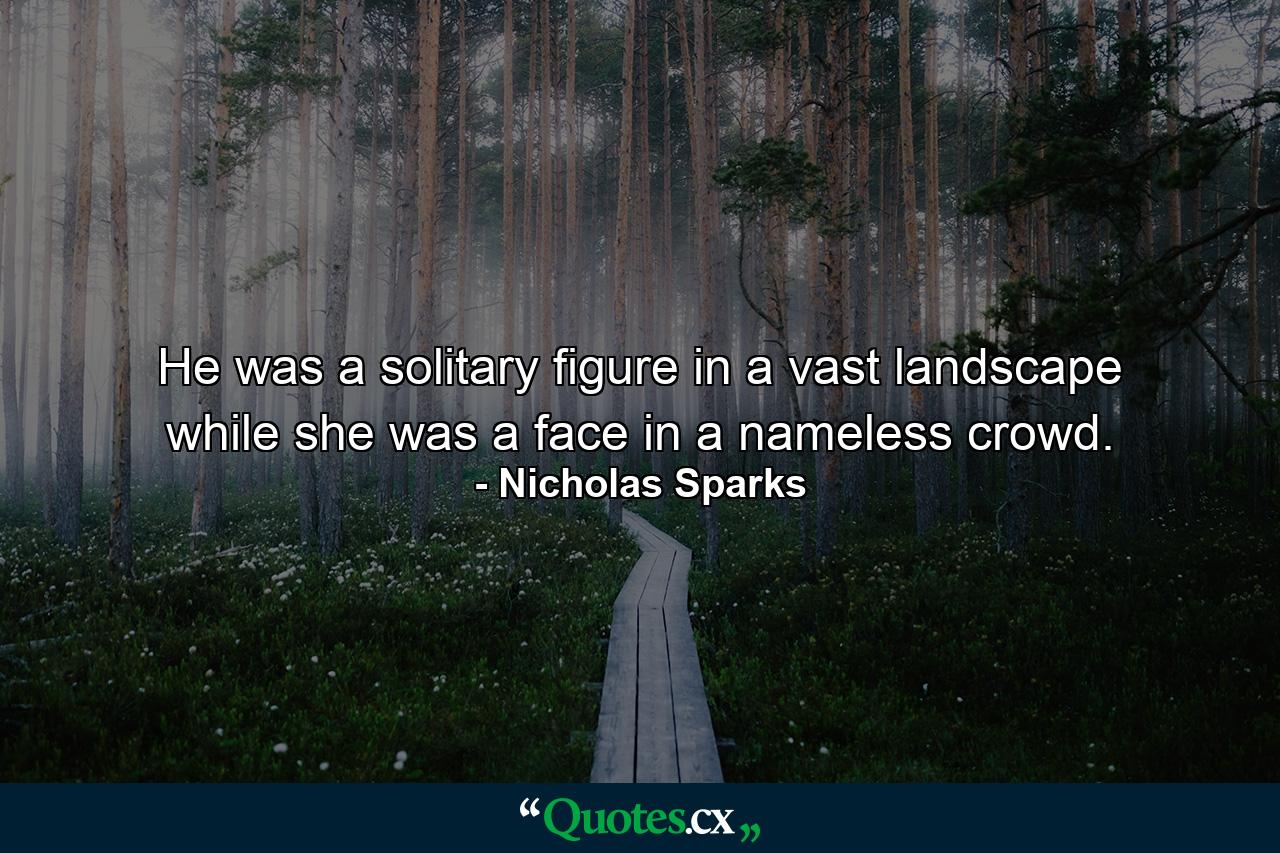 He was a solitary figure in a vast landscape while she was a face in a nameless crowd. - Quote by Nicholas Sparks