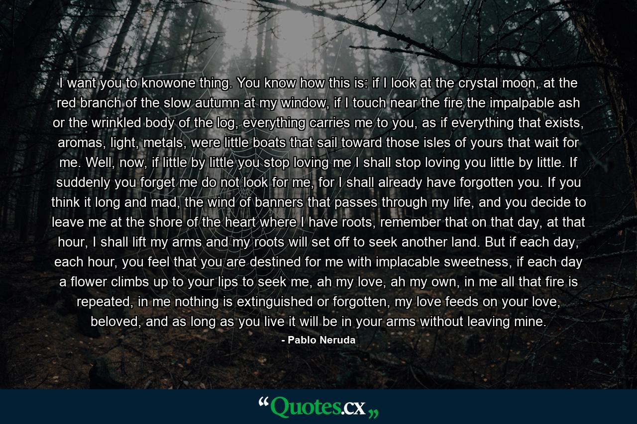 I want you to knowone thing. You know how this is: if I look at the crystal moon, at the red branch of the slow autumn at my window, if I touch near the fire the impalpable ash or the wrinkled body of the log, everything carries me to you, as if everything that exists, aromas, light, metals, were little boats that sail toward those isles of yours that wait for me. Well, now, if little by little you stop loving me I shall stop loving you little by little. If suddenly you forget me do not look for me, for I shall already have forgotten you. If you think it long and mad, the wind of banners that passes through my life, and you decide to leave me at the shore of the heart where I have roots, remember that on that day, at that hour, I shall lift my arms and my roots will set off to seek another land. But if each day, each hour, you feel that you are destined for me with implacable sweetness, if each day a flower climbs up to your lips to seek me, ah my love, ah my own, in me all that fire is repeated, in me nothing is extinguished or forgotten, my love feeds on your love, beloved, and as long as you live it will be in your arms without leaving mine. - Quote by Pablo Neruda