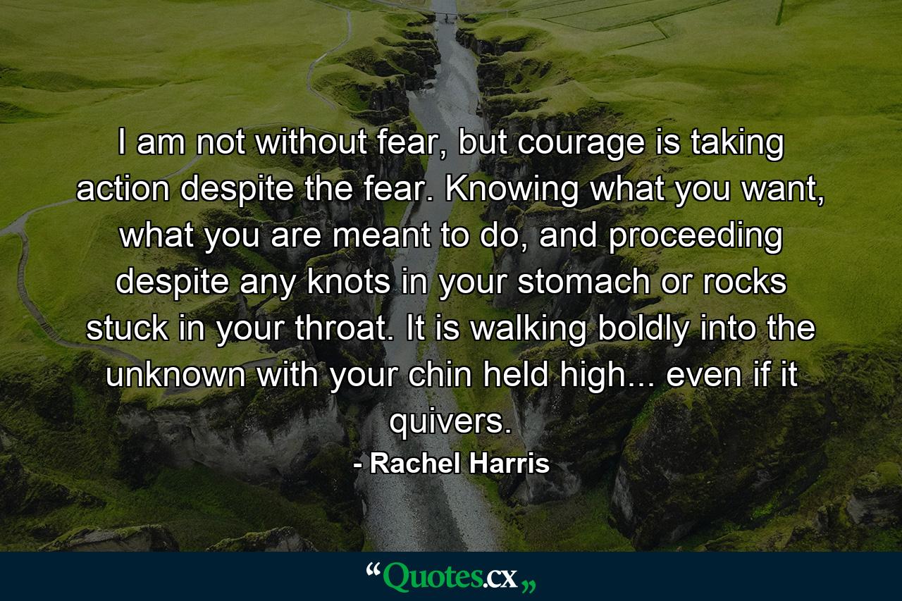 I am not without fear, but courage is taking action despite the fear. Knowing what you want, what you are meant to do, and proceeding despite any knots in your stomach or rocks stuck in your throat. It is walking boldly into the unknown with your chin held high... even if it quivers. - Quote by Rachel Harris