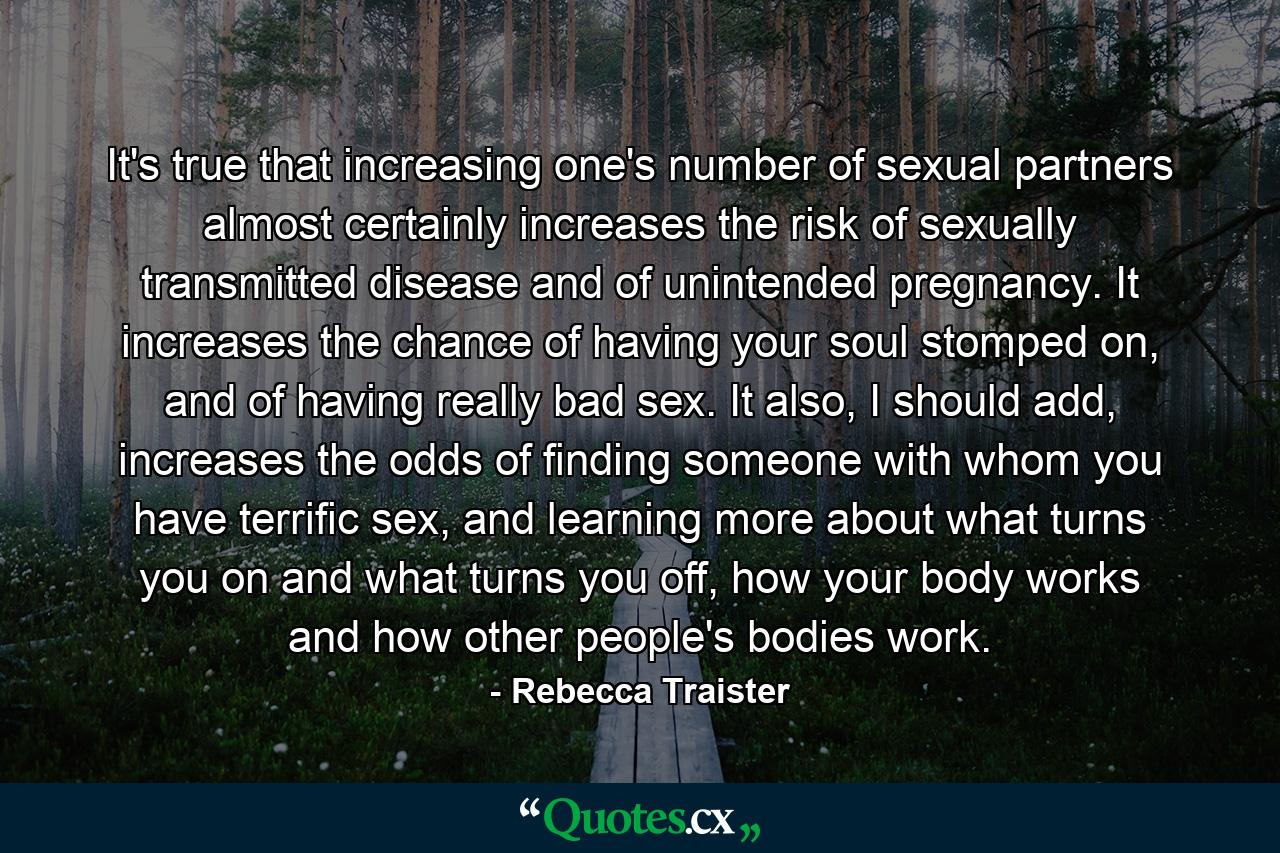 It's true that increasing one's number of sexual partners almost certainly increases the risk of sexually transmitted disease and of unintended pregnancy. It increases the chance of having your soul stomped on, and of having really bad sex. It also, I should add, increases the odds of finding someone with whom you have terrific sex, and learning more about what turns you on and what turns you off, how your body works and how other people's bodies work. - Quote by Rebecca Traister