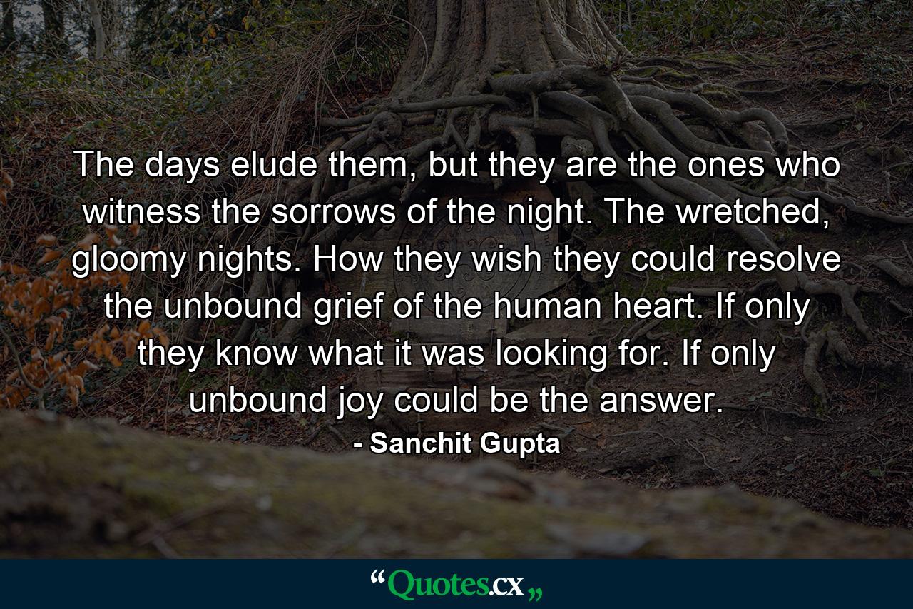 The days elude them, but they are the ones who witness the sorrows of the night. The wretched, gloomy nights. How they wish they could resolve the unbound grief of the human heart. If only they know what it was looking for. If only unbound joy could be the answer. - Quote by Sanchit Gupta