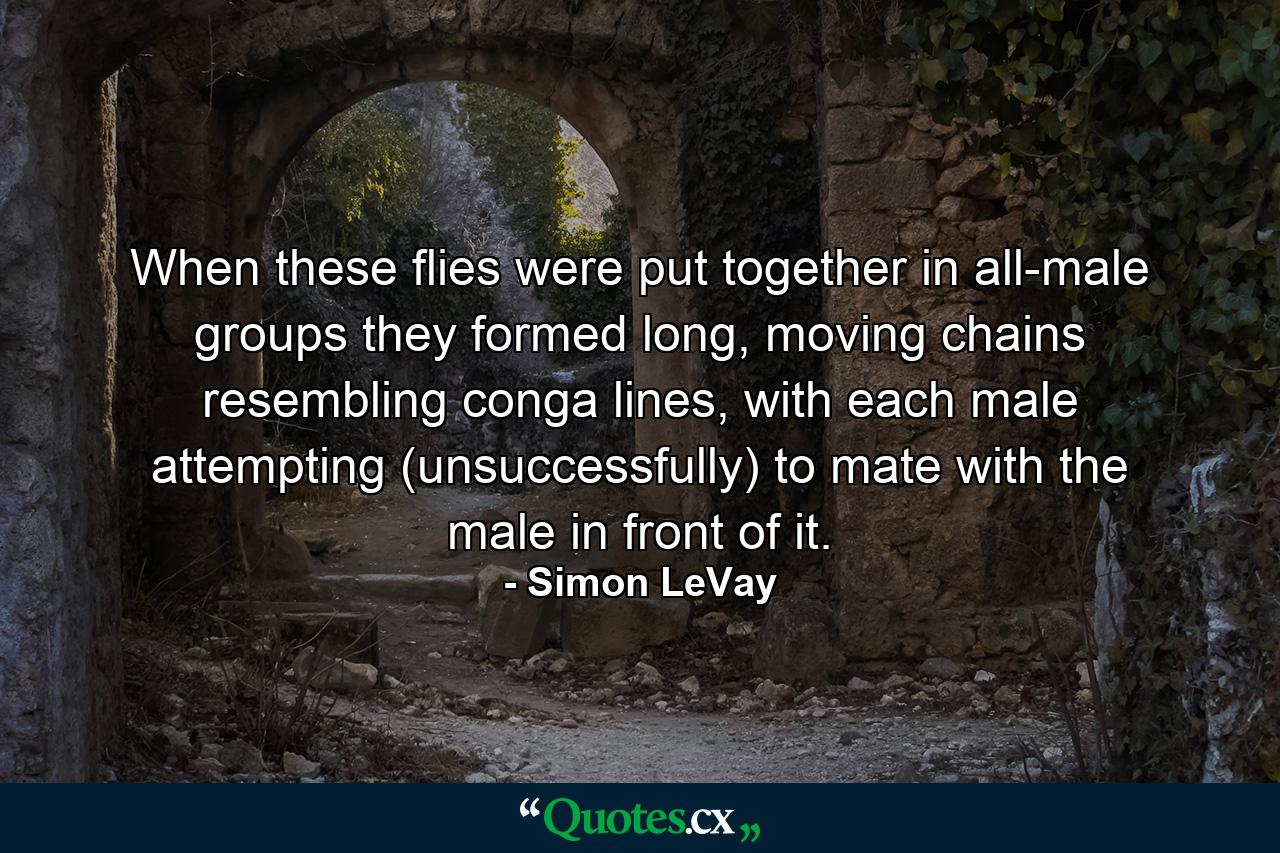 When these flies were put together in all-male groups they formed long, moving chains resembling conga lines, with each male attempting (unsuccessfully) to mate with the male in front of it. - Quote by Simon LeVay