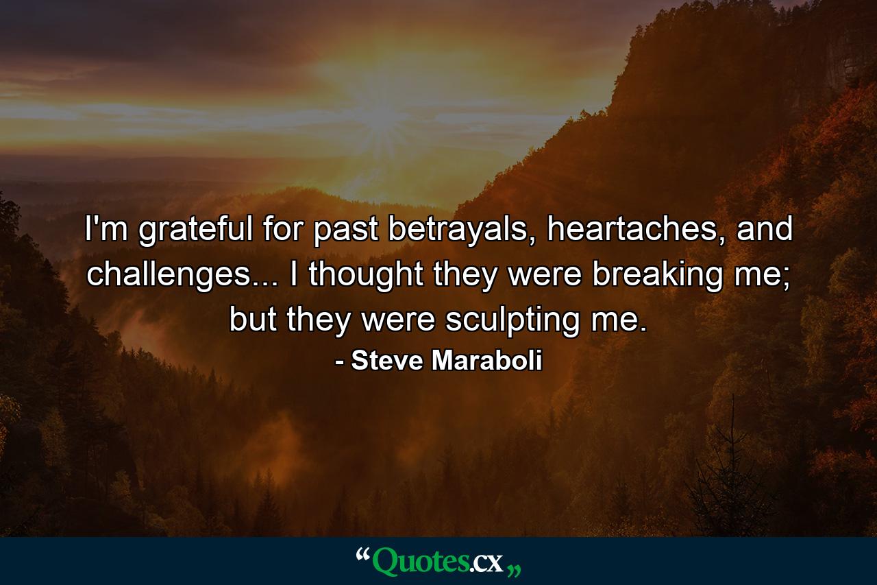 I'm grateful for past betrayals, heartaches, and challenges... I thought they were breaking me; but they were sculpting me. - Quote by Steve Maraboli