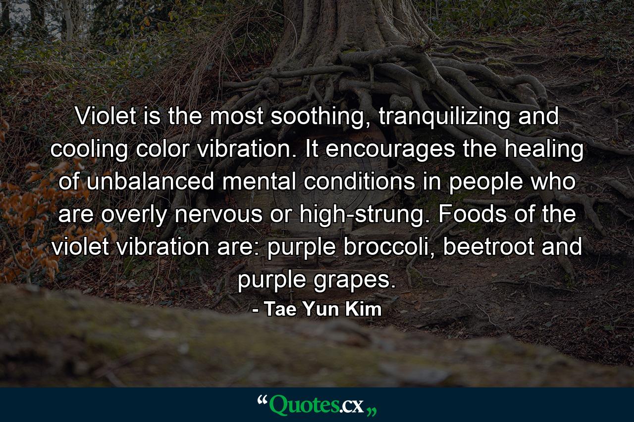 Violet is the most soothing, tranquilizing and cooling color vibration. It encourages the healing of unbalanced mental conditions in people who are overly nervous or high-strung. Foods of the violet vibration are: purple broccoli, beetroot and purple grapes. - Quote by Tae Yun Kim