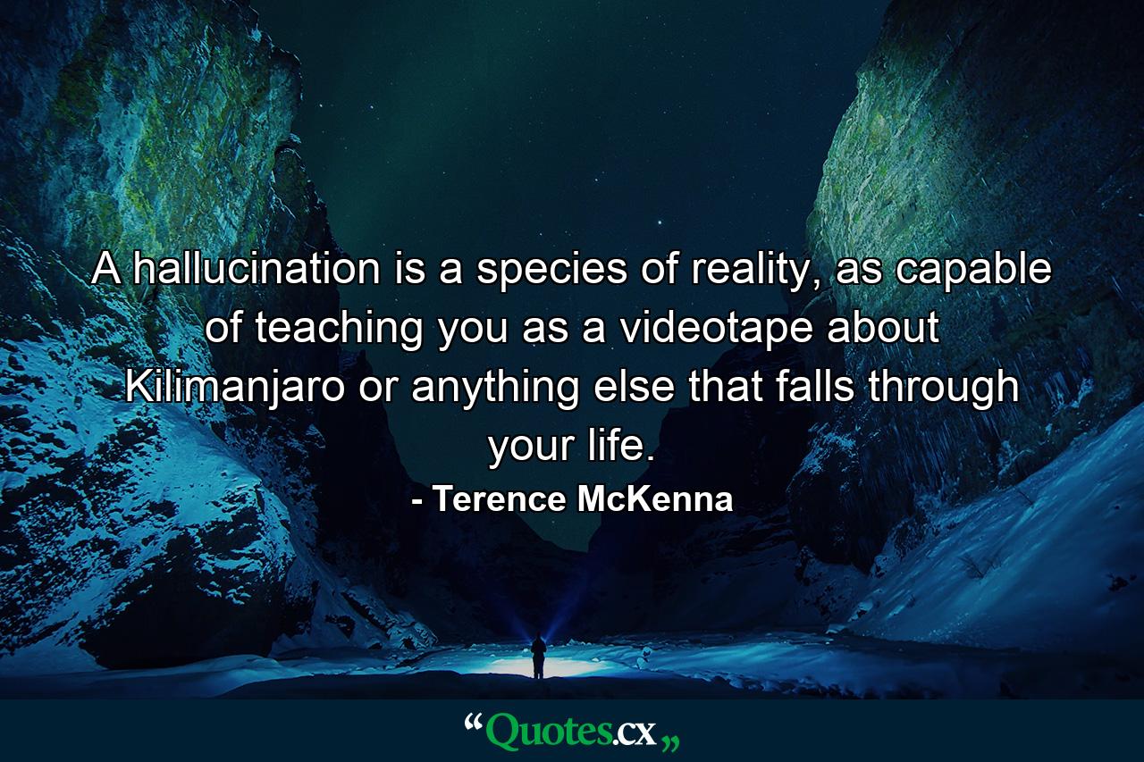 A hallucination is a species of reality, as capable of teaching you as a videotape about Kilimanjaro or anything else that falls through your life. - Quote by Terence McKenna