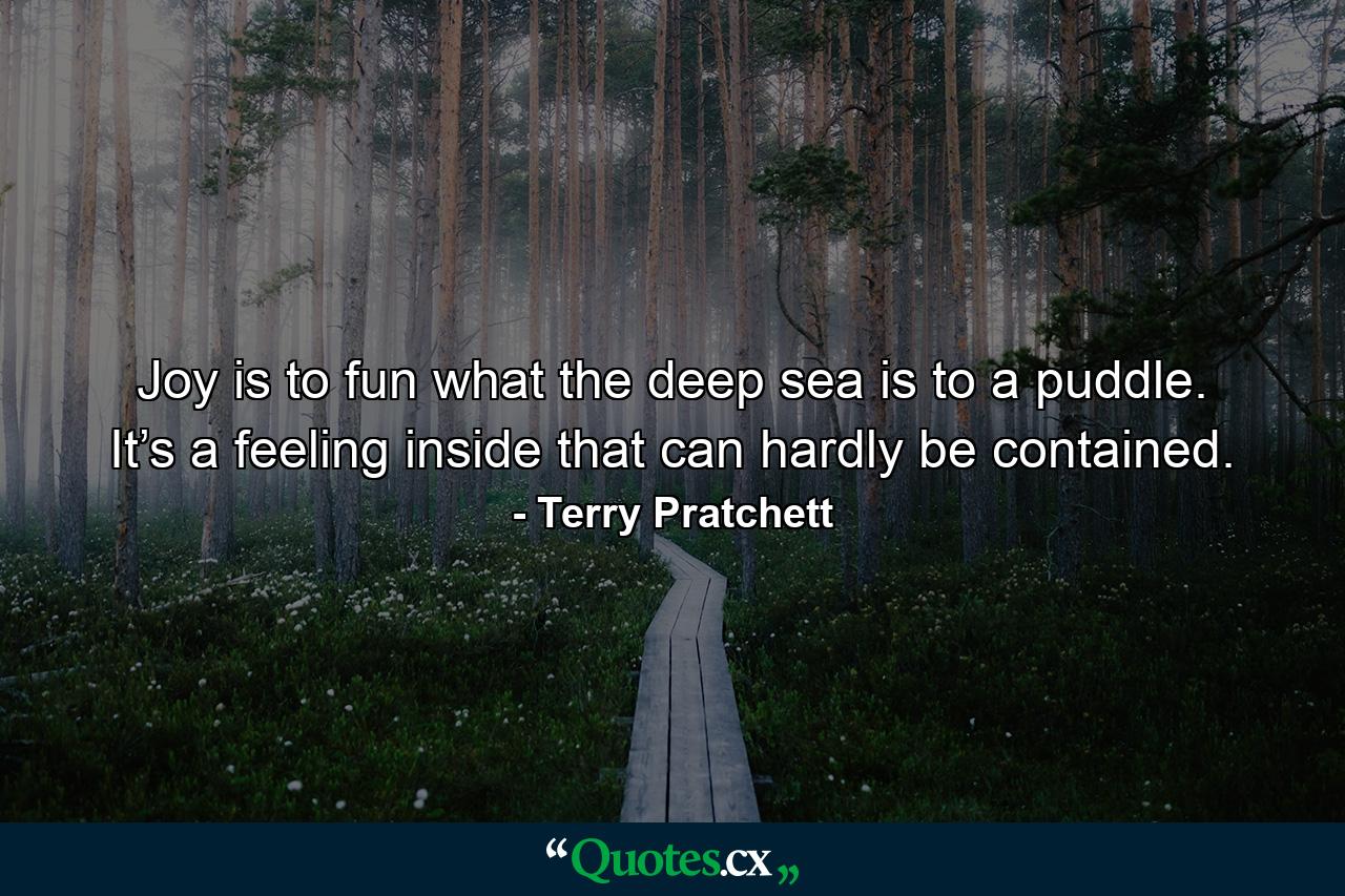 Joy is to fun what the deep sea is to a puddle. It’s a feeling inside that can hardly be contained. - Quote by Terry Pratchett