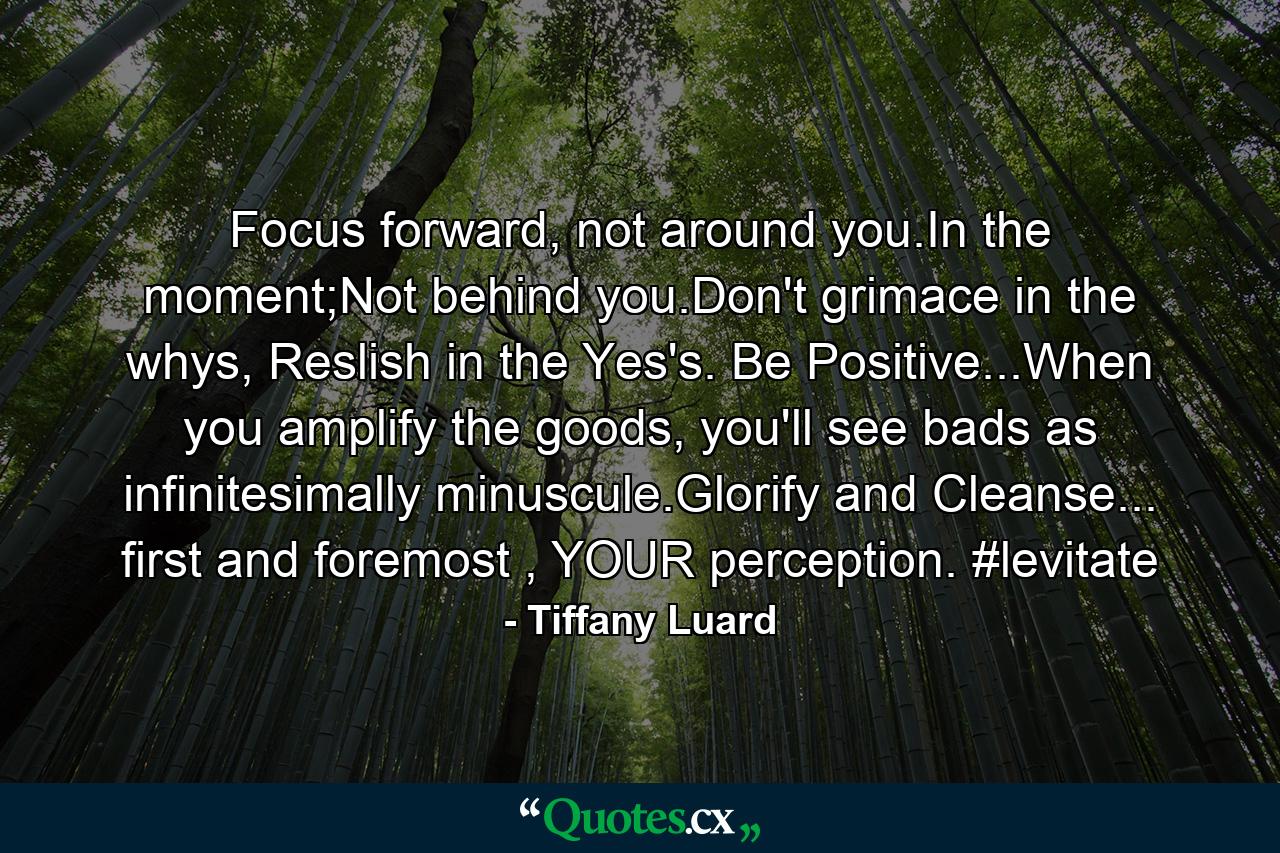 Focus forward, not around you.In the moment;Not behind you.Don't grimace in the whys, Reslish in the Yes's. Be Positive...When you amplify the goods, you'll see bads as infinitesimally minuscule.Glorify and Cleanse... first and foremost , YOUR perception. #levitate - Quote by Tiffany Luard