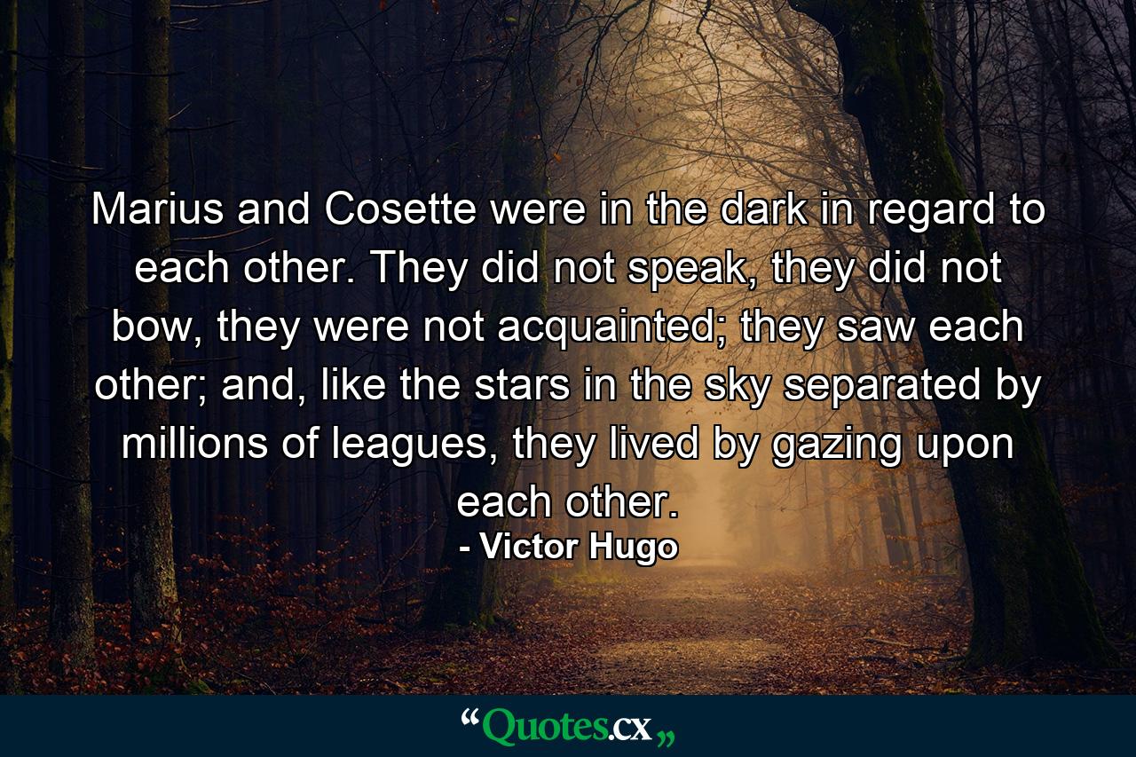 Marius and Cosette were in the dark in regard to each other. They did not speak, they did not bow, they were not acquainted; they saw each other; and, like the stars in the sky separated by millions of leagues, they lived by gazing upon each other. - Quote by Victor Hugo