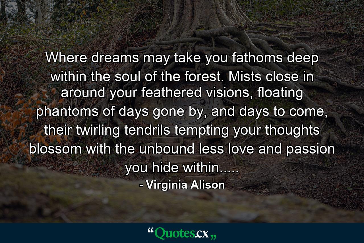 Where dreams may take you fathoms deep within the soul of the forest. Mists close in around your feathered visions, floating phantoms of days gone by, and days to come, their twirling tendrils tempting your thoughts blossom with the unbound less love and passion you hide within..... - Quote by Virginia Alison