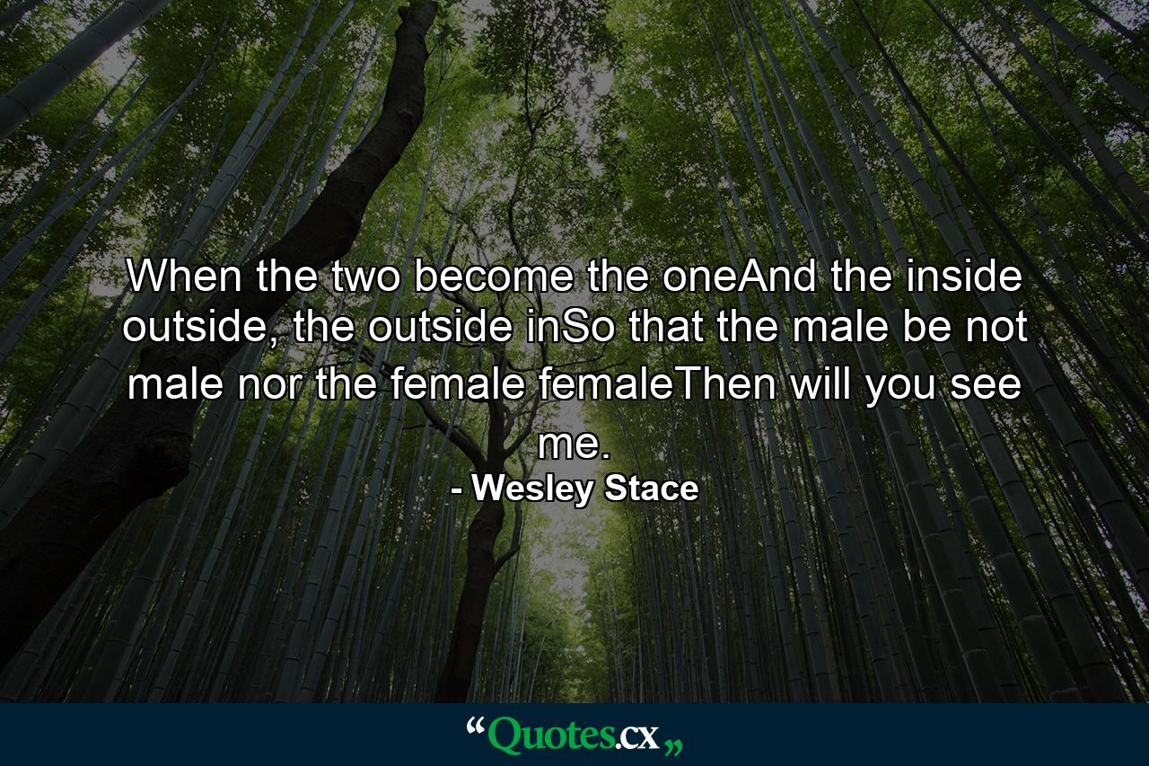 When the two become the oneAnd the inside outside, the outside inSo that the male be not male nor the female femaleThen will you see me. - Quote by Wesley Stace