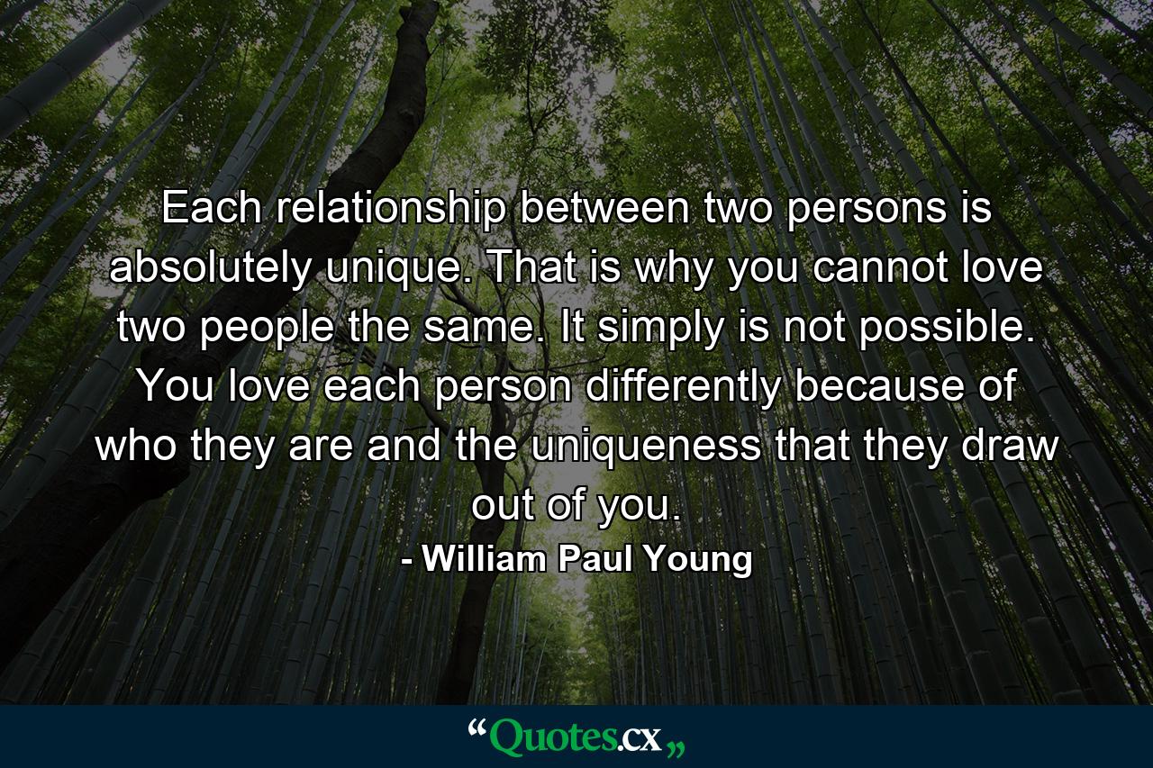 Each relationship between two persons is absolutely unique. That is why you cannot love two people the same. It simply is not possible. You love each person differently because of who they are and the uniqueness that they draw out of you. - Quote by William Paul Young