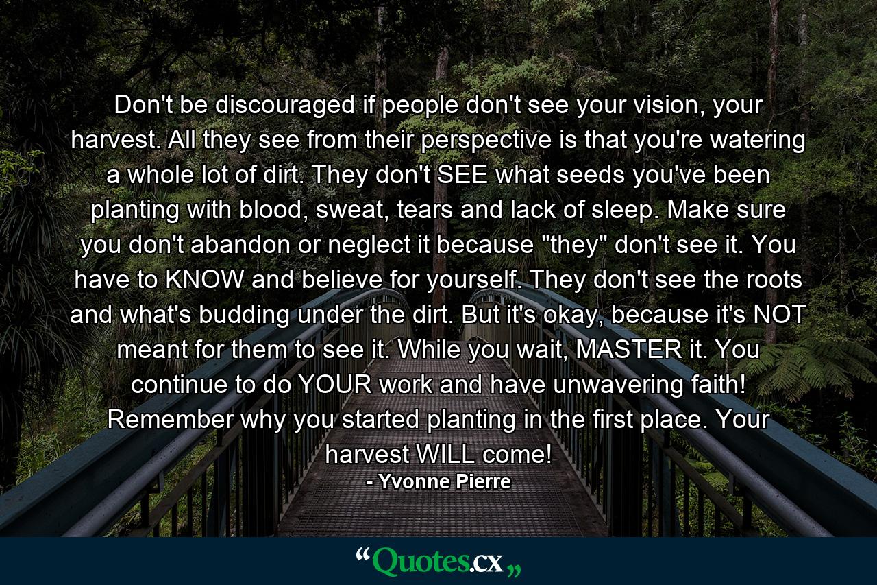 Don't be discouraged if people don't see your vision, your harvest. All they see from their perspective is that you're watering a whole lot of dirt. They don't SEE what seeds you've been planting with blood, sweat, tears and lack of sleep. Make sure you don't abandon or neglect it because 