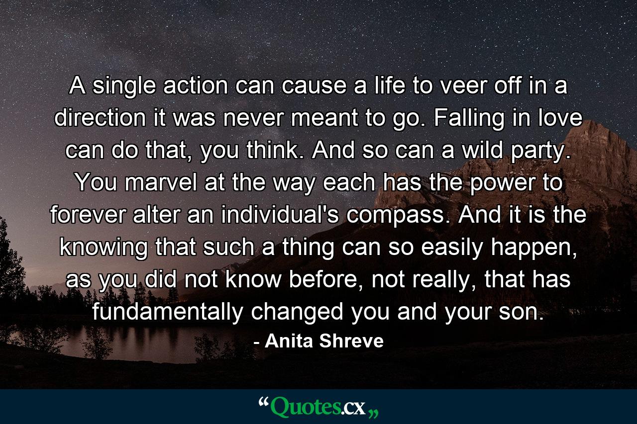 A single action can cause a life to veer off in a direction it was never meant to go. Falling in love can do that, you think. And so can a wild party. You marvel at the way each has the power to forever alter an individual's compass. And it is the knowing that such a thing can so easily happen, as you did not know before, not really, that has fundamentally changed you and your son. - Quote by Anita Shreve