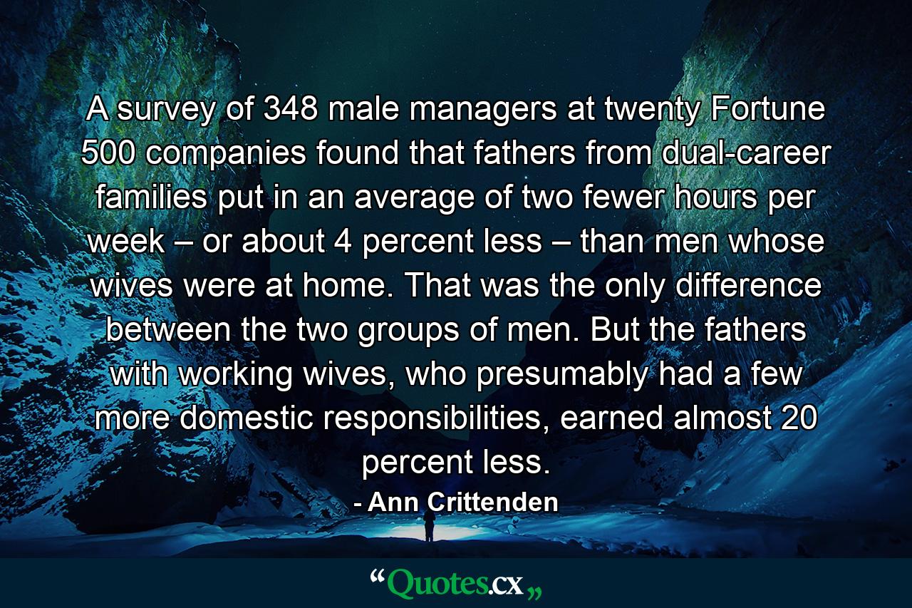 A survey of 348 male managers at twenty Fortune 500 companies found that fathers from dual-career families put in an average of two fewer hours per week – or about 4 percent less – than men whose wives were at home. That was the only difference between the two groups of men. But the fathers with working wives, who presumably had a few more domestic responsibilities, earned almost 20 percent less. - Quote by Ann Crittenden