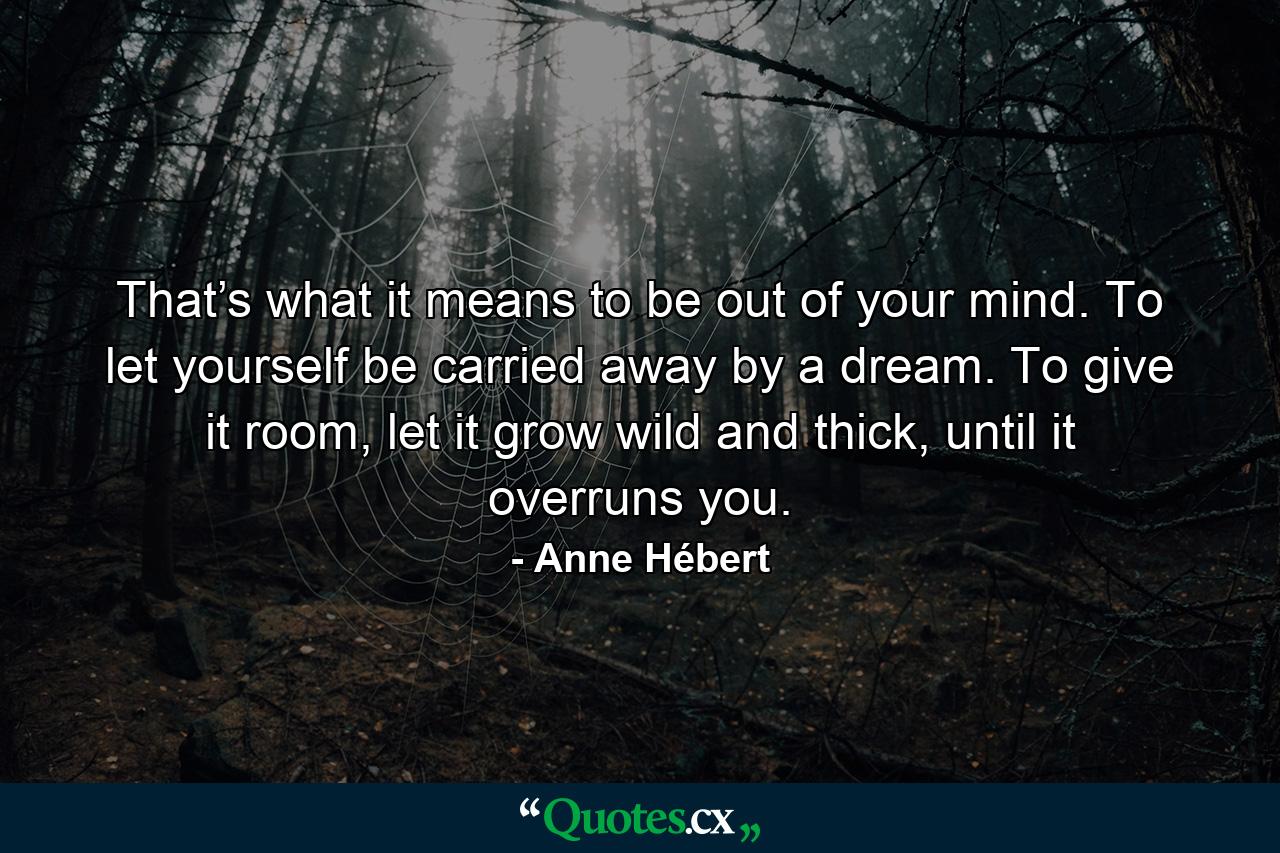 That’s what it means to be out of your mind. To let yourself be carried away by a dream. To give it room, let it grow wild and thick, until it overruns you. - Quote by Anne Hébert