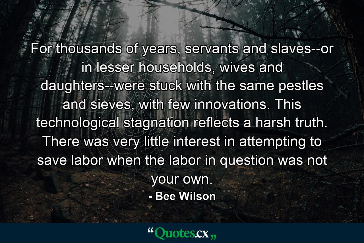 For thousands of years, servants and slaves--or in lesser households, wives and daughters--were stuck with the same pestles and sieves, with few innovations. This technological stagnation reflects a harsh truth. There was very little interest in attempting to save labor when the labor in question was not your own. - Quote by Bee Wilson