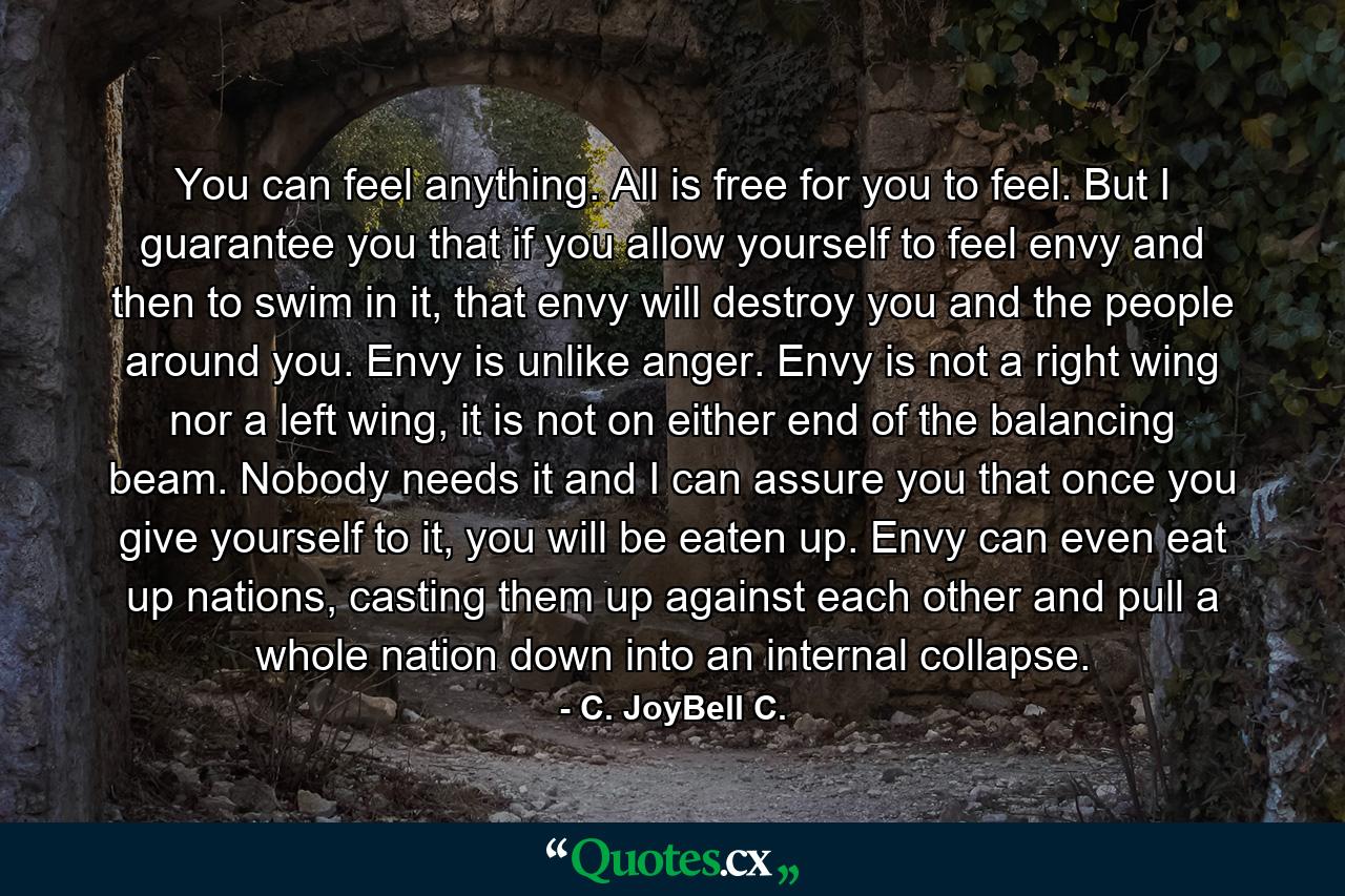 You can feel anything. All is free for you to feel. But I guarantee you that if you allow yourself to feel envy and then to swim in it, that envy will destroy you and the people around you. Envy is unlike anger. Envy is not a right wing nor a left wing, it is not on either end of the balancing beam. Nobody needs it and I can assure you that once you give yourself to it, you will be eaten up. Envy can even eat up nations, casting them up against each other and pull a whole nation down into an internal collapse. - Quote by C. JoyBell C.