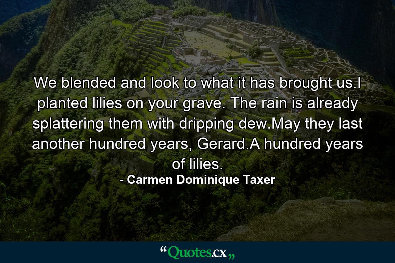 We blended and look to what it has brought us.I planted lilies on your grave. The rain is already splattering them with dripping dew.May they last another hundred years, Gerard.A hundred years of lilies. - Quote by Carmen Dominique Taxer