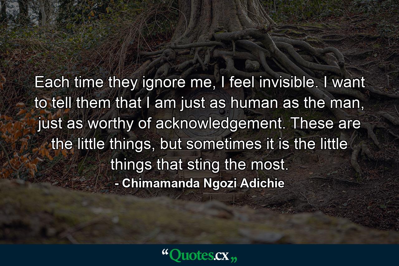 Each time they ignore me, I feel invisible. I want to tell them that I am just as human as the man, just as worthy of acknowledgement. These are the little things, but sometimes it is the little things that sting the most. - Quote by Chimamanda Ngozi Adichie