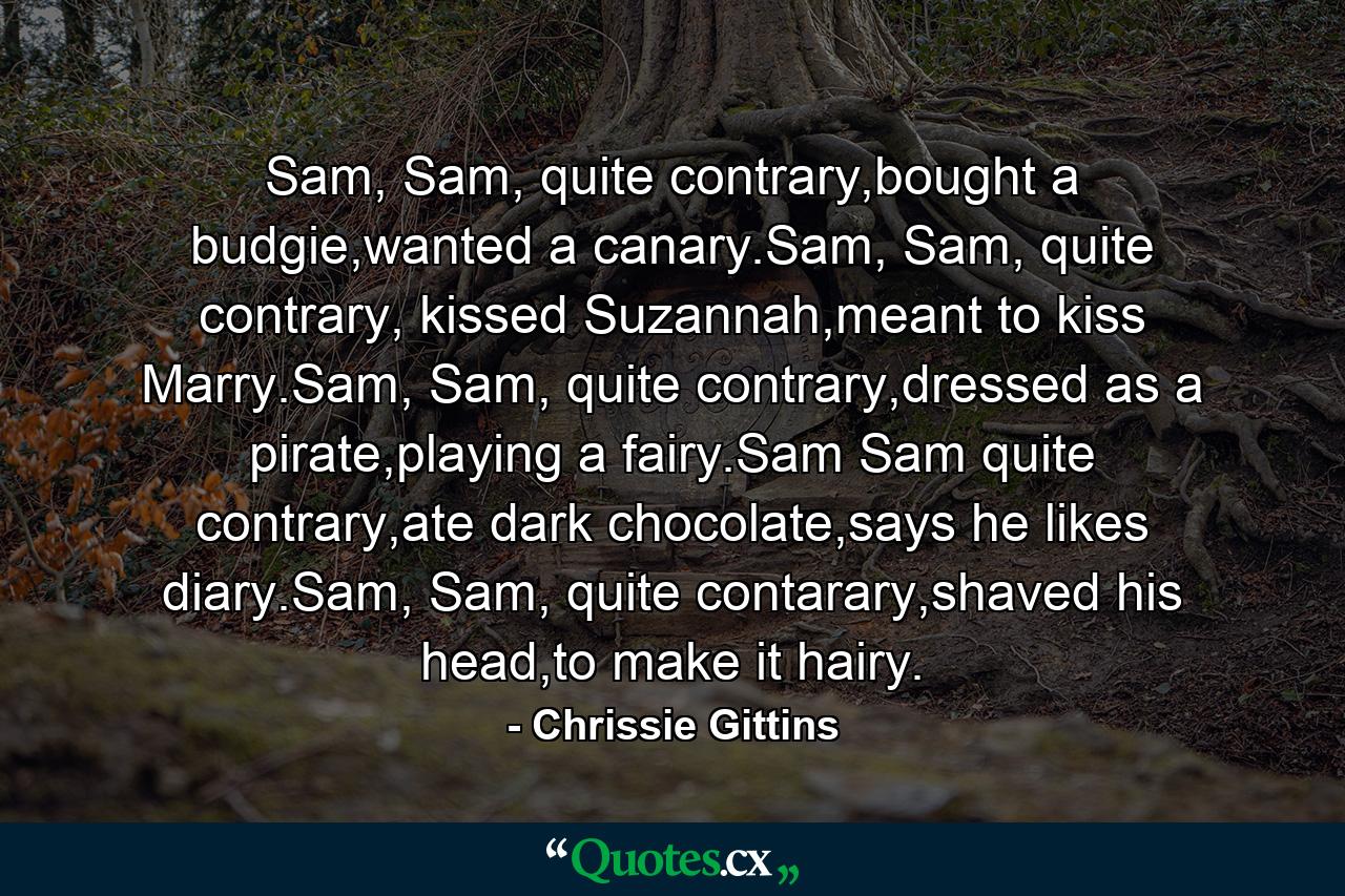 Sam, Sam, quite contrary,bought a budgie,wanted a canary.Sam, Sam, quite contrary, kissed Suzannah,meant to kiss Marry.Sam, Sam, quite contrary,dressed as a pirate,playing a fairy.Sam Sam quite contrary,ate dark chocolate,says he likes diary.Sam, Sam, quite contarary,shaved his head,to make it hairy. - Quote by Chrissie Gittins