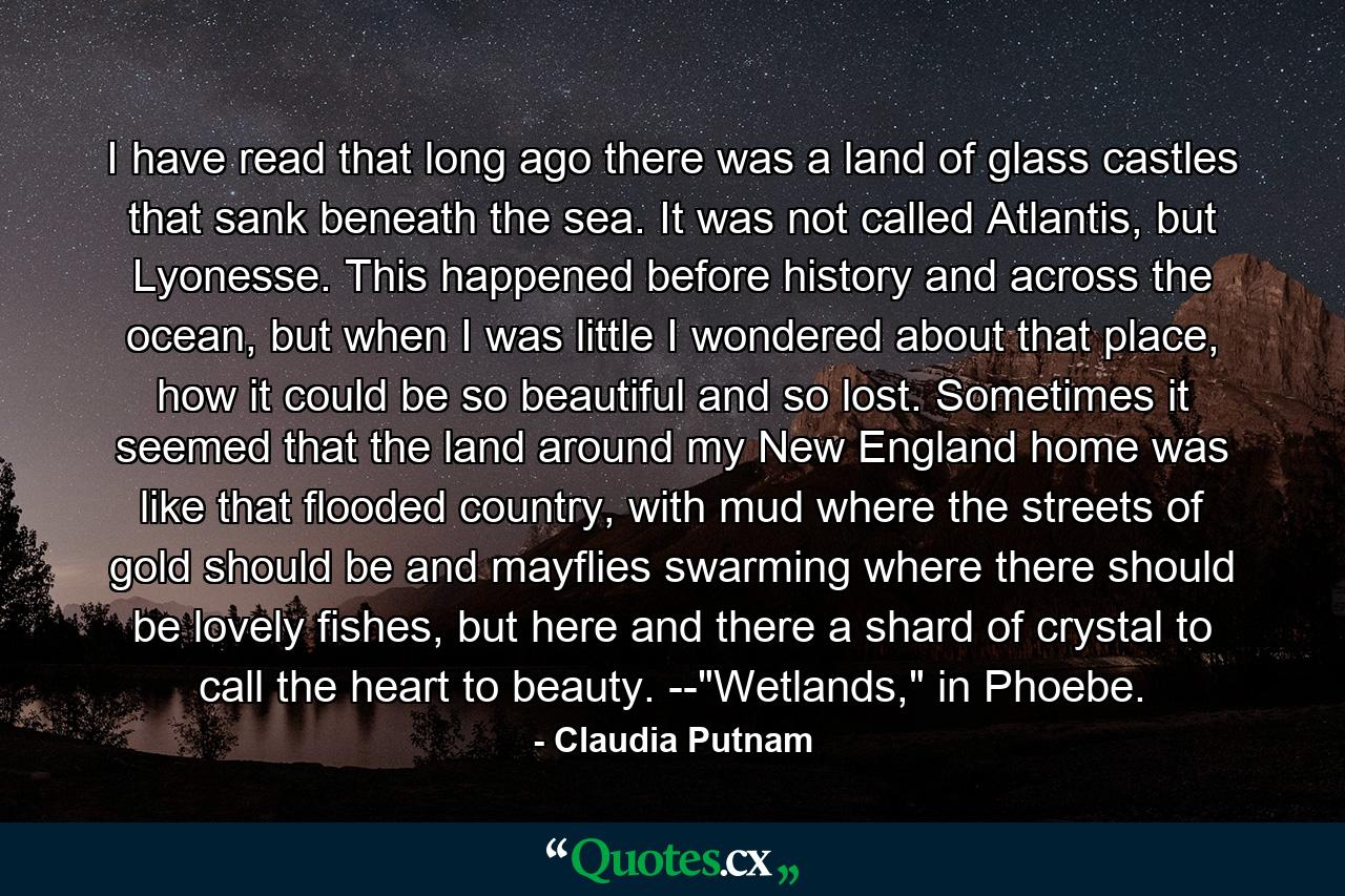 I have read that long ago there was a land of glass castles that sank beneath the sea. It was not called Atlantis, but Lyonesse. This happened before history and across the ocean, but when I was little I wondered about that place, how it could be so beautiful and so lost. Sometimes it seemed that the land around my New England home was like that flooded country, with mud where the streets of gold should be and mayflies swarming where there should be lovely fishes, but here and there a shard of crystal to call the heart to beauty. --