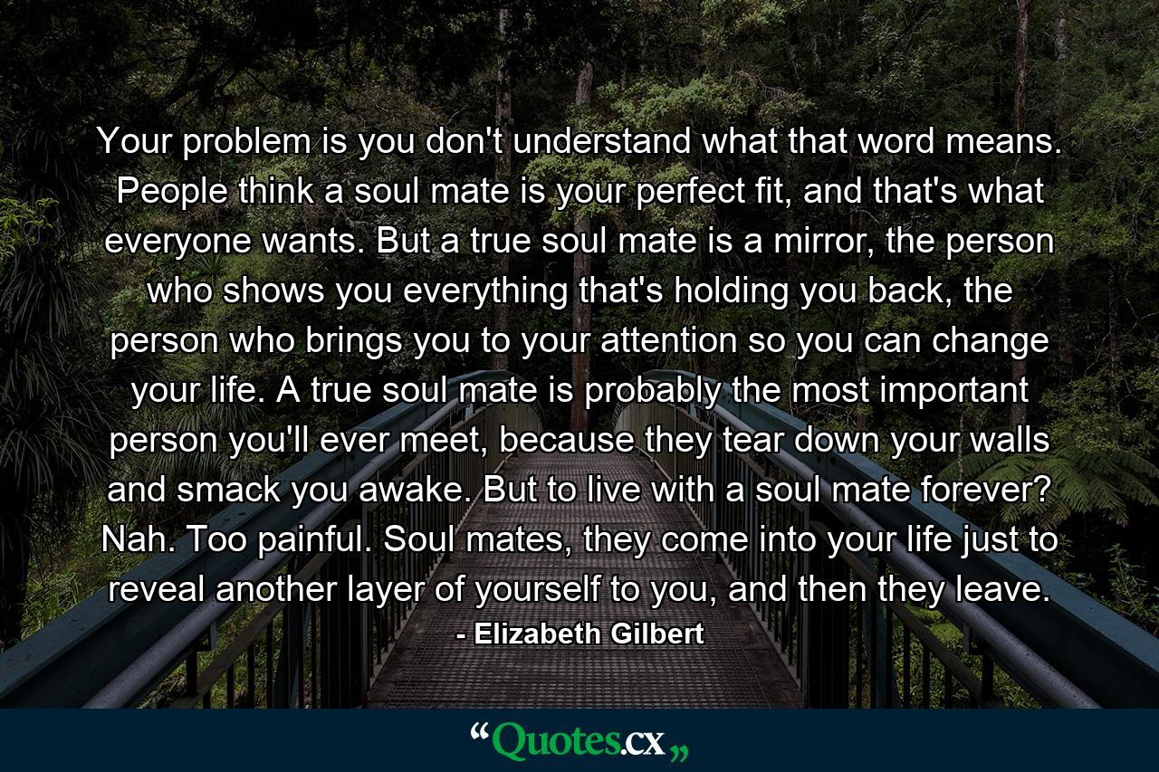 Your problem is you don't understand what that word means. People think a soul mate is your perfect fit, and that's what everyone wants. But a true soul mate is a mirror, the person who shows you everything that's holding you back, the person who brings you to your attention so you can change your life. A true soul mate is probably the most important person you'll ever meet, because they tear down your walls and smack you awake. But to live with a soul mate forever? Nah. Too painful. Soul mates, they come into your life just to reveal another layer of yourself to you, and then they leave. - Quote by Elizabeth Gilbert