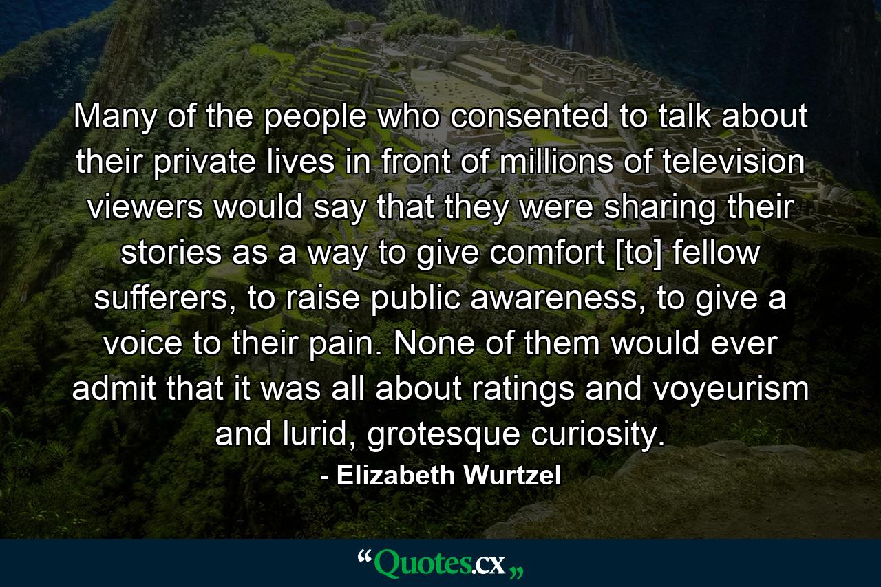 Many of the people who consented to talk about their private lives in front of millions of television viewers would say that they were sharing their stories as a way to give comfort [to] fellow sufferers, to raise public awareness, to give a voice to their pain. None of them would ever admit that it was all about ratings and voyeurism and lurid, grotesque curiosity. - Quote by Elizabeth Wurtzel