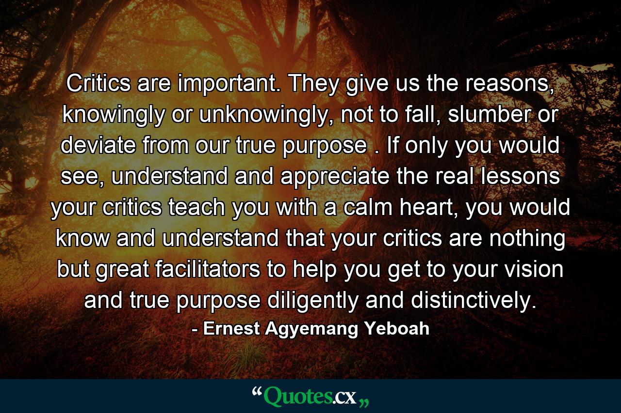 Critics are important. They give us the reasons, knowingly or unknowingly, not to fall, slumber or deviate from our true purpose . If only you would see, understand and appreciate the real lessons your critics teach you with a calm heart, you would know and understand that your critics are nothing but great facilitators to help you get to your vision and true purpose diligently and distinctively. - Quote by Ernest Agyemang Yeboah