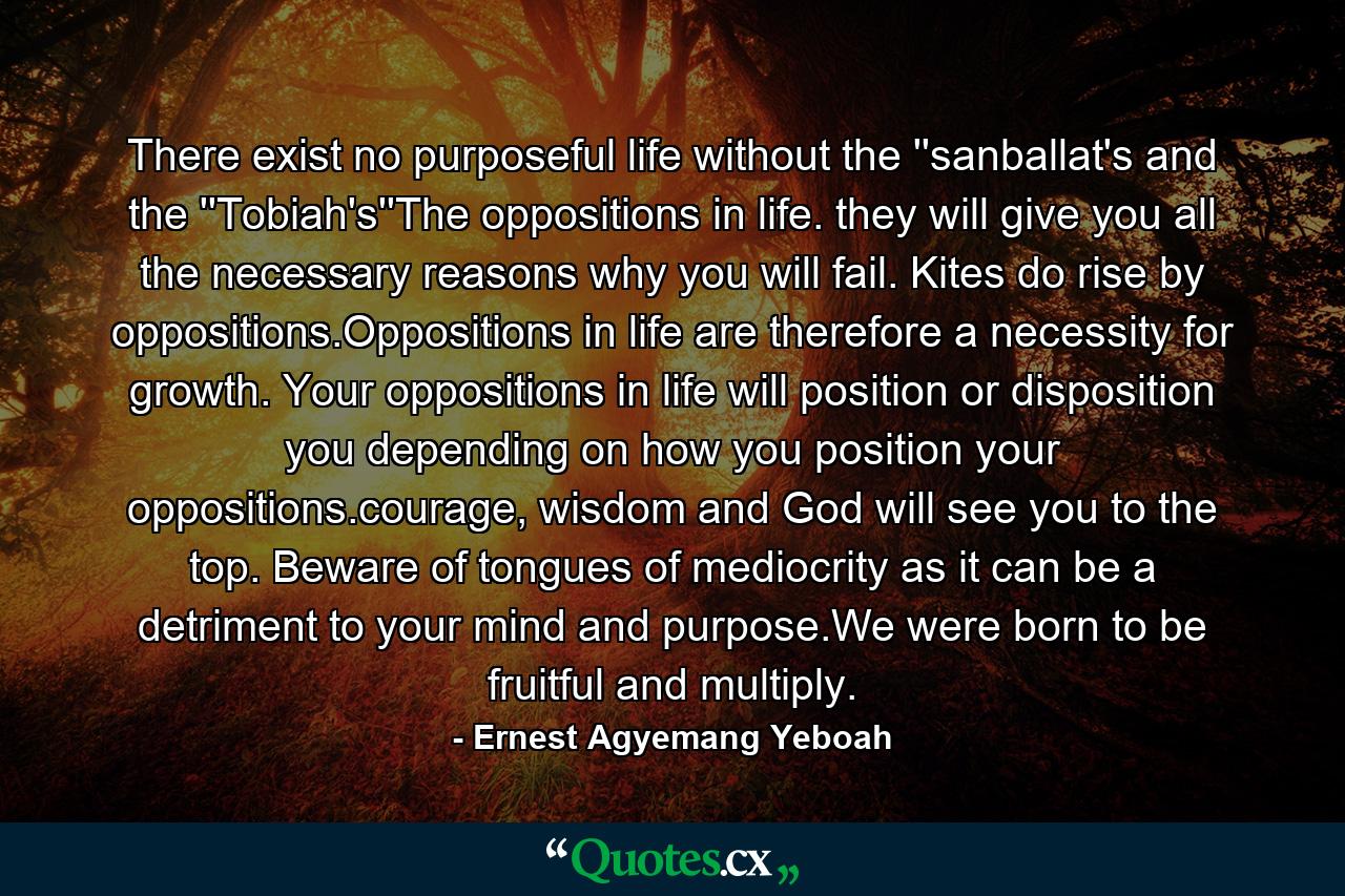 There exist no purposeful life without the ''sanballat's and the ''Tobiah's''The oppositions in life. they will give you all the necessary reasons why you will fail. Kites do rise by oppositions.Oppositions in life are therefore a necessity for growth. Your oppositions in life will position or disposition you depending on how you position your oppositions.courage, wisdom and God will see you to the top. Beware of tongues of mediocrity as it can be a detriment to your mind and purpose.We were born to be fruitful and multiply. - Quote by Ernest Agyemang Yeboah