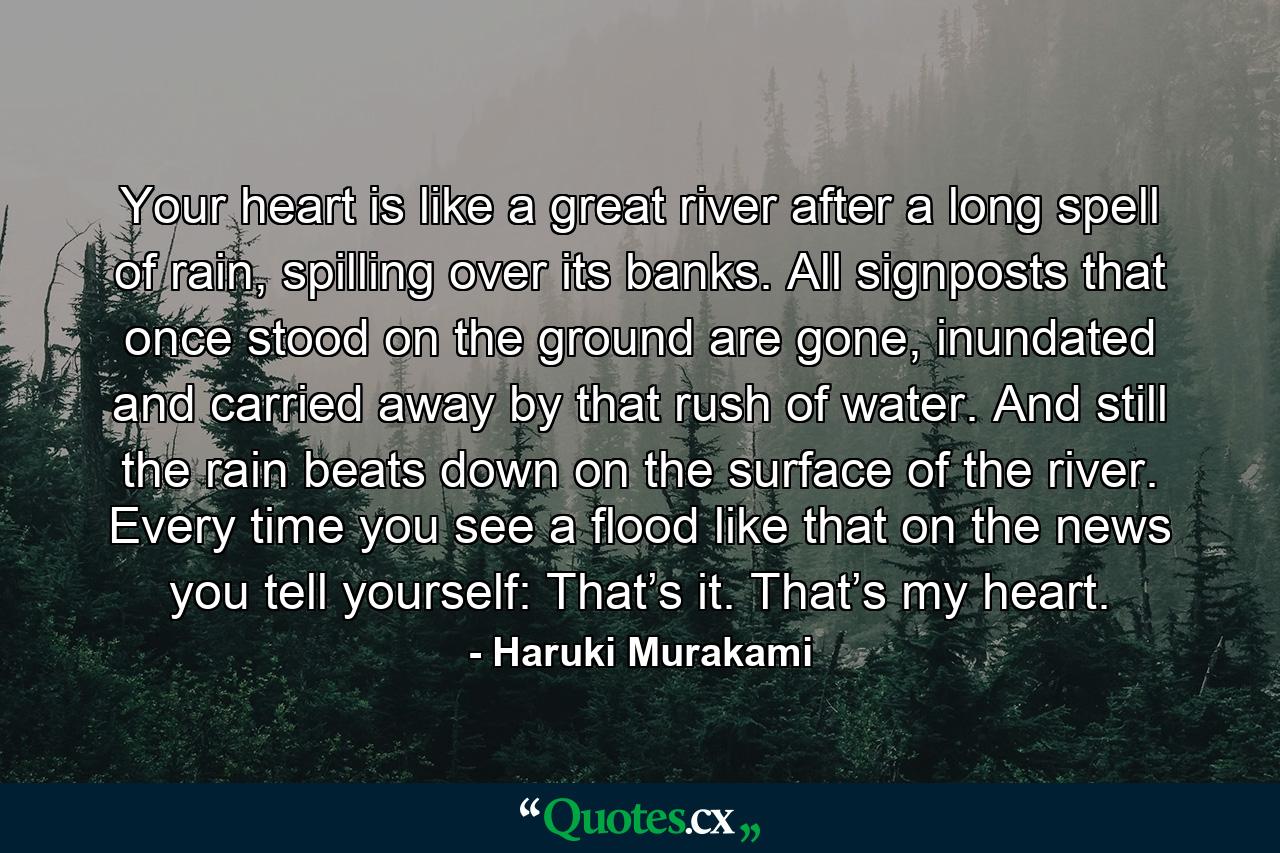 Your heart is like a great river after a long spell of rain, spilling over its banks. All signposts that once stood on the ground are gone, inundated and carried away by that rush of water. And still the rain beats down on the surface of the river. Every time you see a flood like that on the news you tell yourself: That’s it. That’s my heart. - Quote by Haruki Murakami