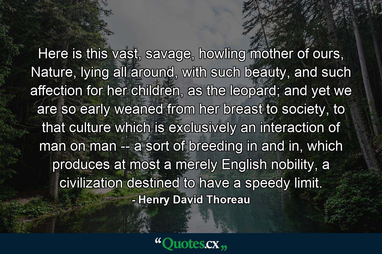 Here is this vast, savage, howling mother of ours, Nature, lying all around, with such beauty, and such affection for her children, as the leopard; and yet we are so early weaned from her breast to society, to that culture which is exclusively an interaction of man on man -- a sort of breeding in and in, which produces at most a merely English nobility, a civilization destined to have a speedy limit. - Quote by Henry David Thoreau