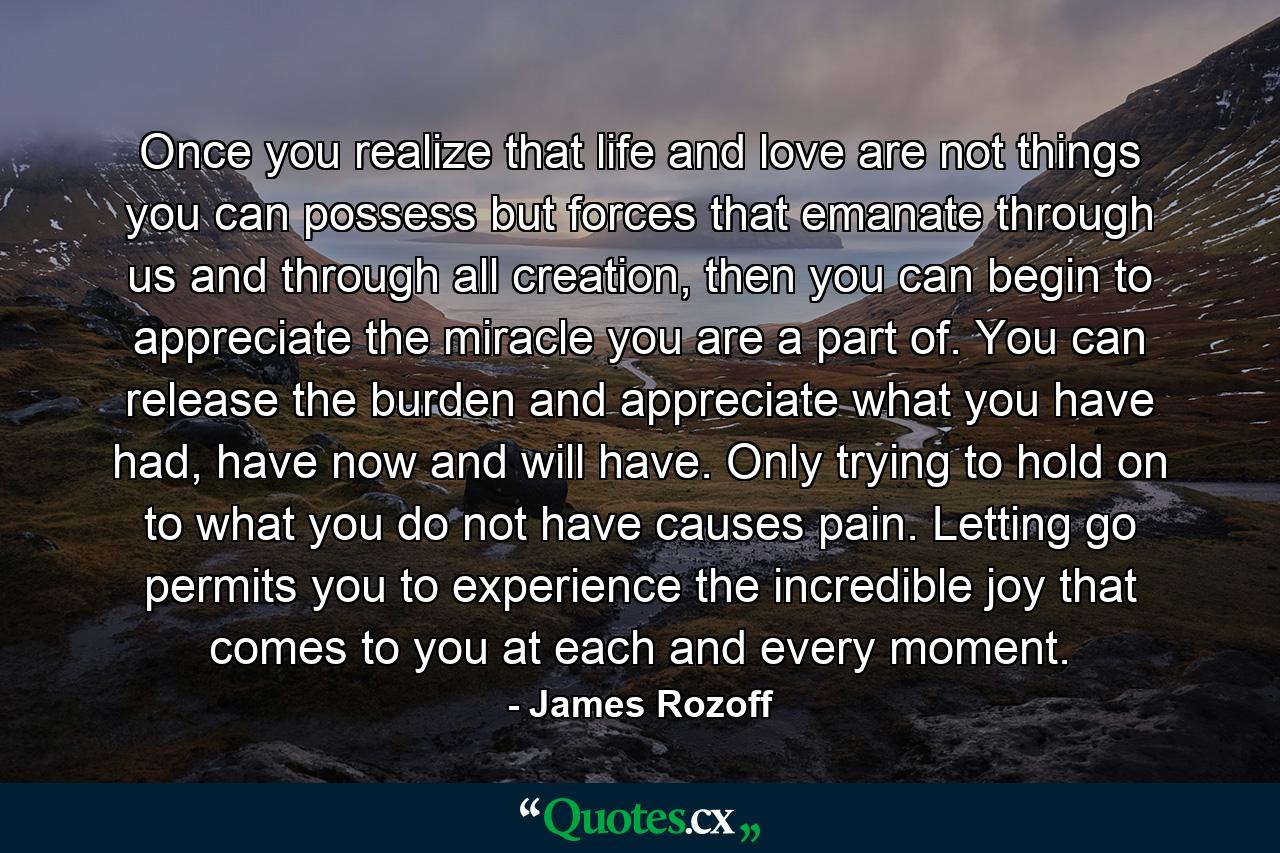 Once you realize that life and love are not things you can possess but forces that emanate through us and through all creation, then you can begin to appreciate the miracle you are a part of. You can release the burden and appreciate what you have had, have now and will have. Only trying to hold on to what you do not have causes pain. Letting go permits you to experience the incredible joy that comes to you at each and every moment. - Quote by James Rozoff