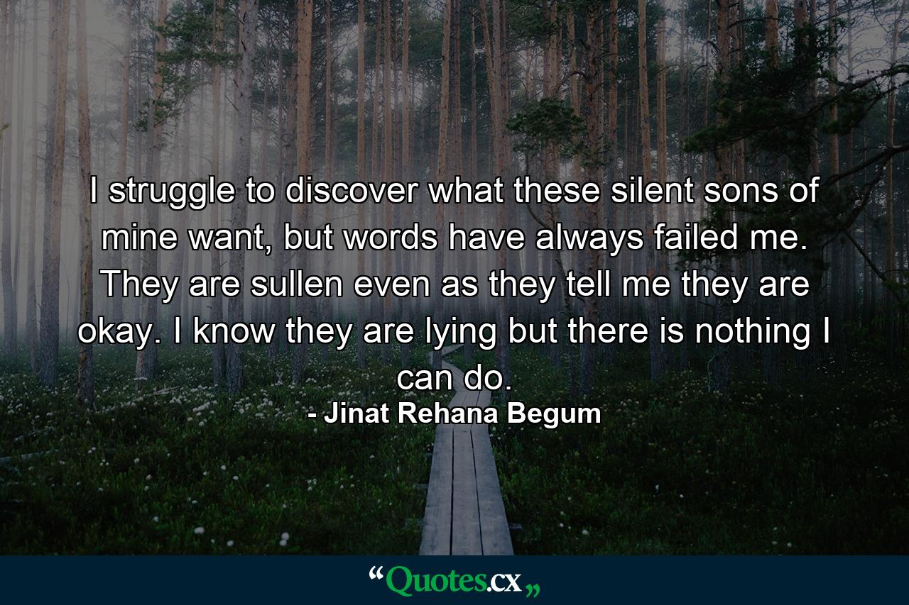 I struggle to discover what these silent sons of mine want, but words have always failed me. They are sullen even as they tell me they are okay. I know they are lying but there is nothing I can do. - Quote by Jinat Rehana Begum