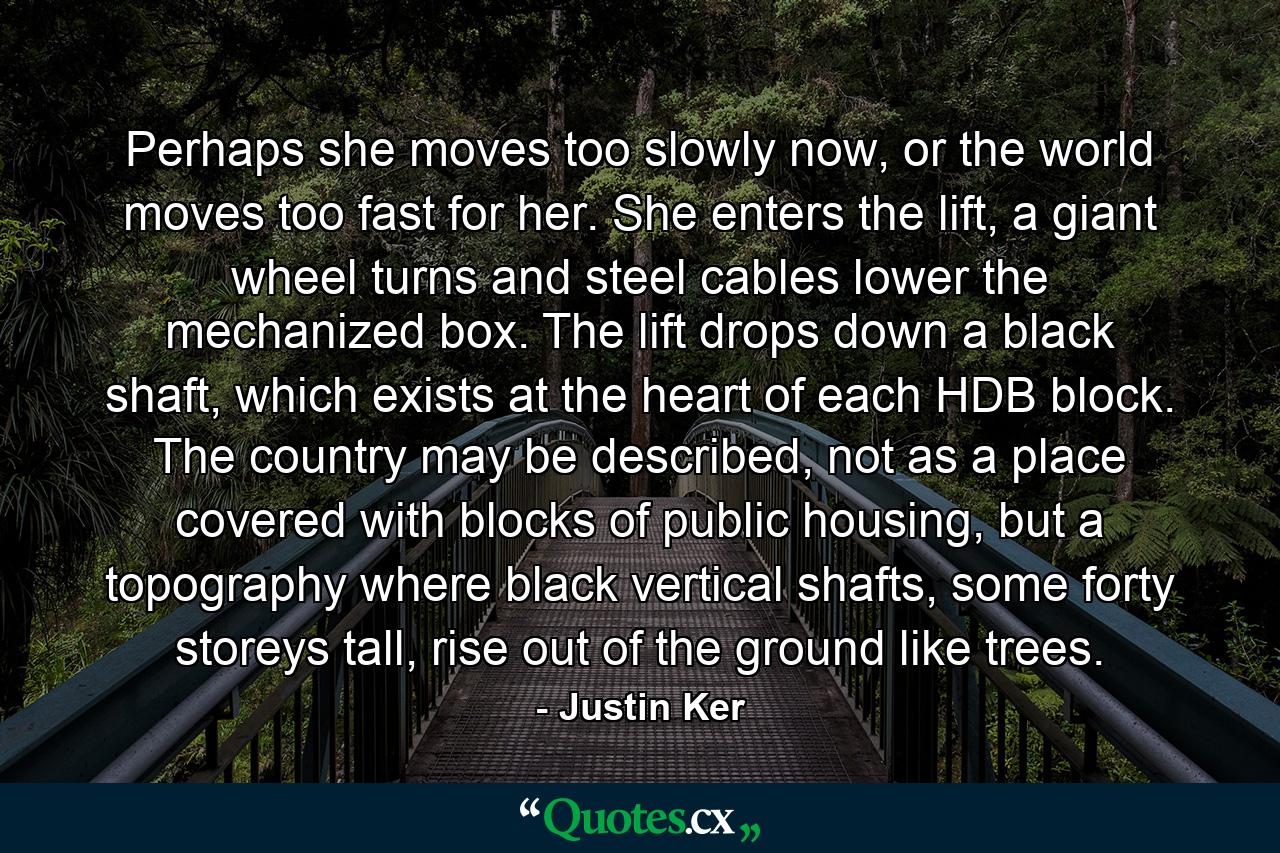 Perhaps she moves too slowly now, or the world moves too fast for her. She enters the lift, a giant wheel turns and steel cables lower the mechanized box. The lift drops down a black shaft, which exists at the heart of each HDB block. The country may be described, not as a place covered with blocks of public housing, but a topography where black vertical shafts, some forty storeys tall, rise out of the ground like trees. - Quote by Justin Ker