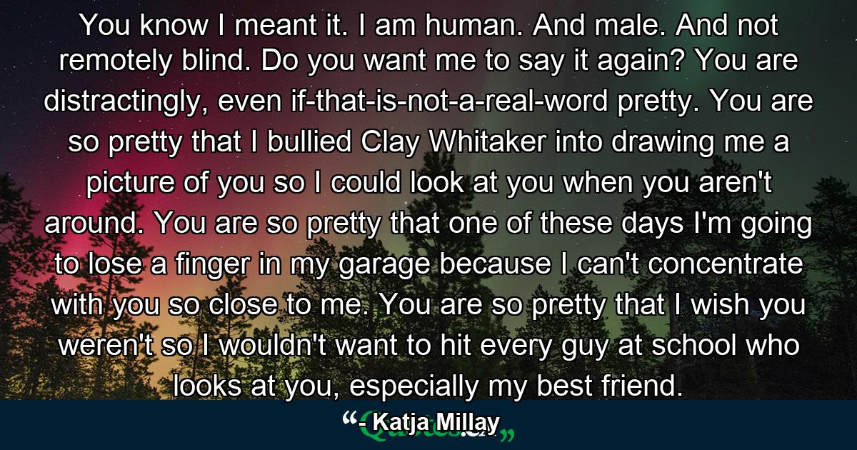 You know I meant it. I am human. And male. And not remotely blind. Do you want me to say it again? You are distractingly, even if-that-is-not-a-real-word pretty. You are so pretty that I bullied Clay Whitaker into drawing me a picture of you so I could look at you when you aren't around. You are so pretty that one of these days I'm going to lose a finger in my garage because I can't concentrate with you so close to me. You are so pretty that I wish you weren't so I wouldn't want to hit every guy at school who looks at you, especially my best friend. - Quote by Katja Millay