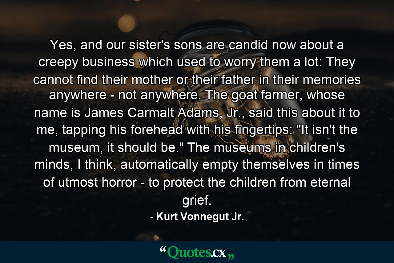 Yes, and our sister's sons are candid now about a creepy business which used to worry them a lot: They cannot find their mother or their father in their memories anywhere - not anywhere. The goat farmer, whose name is James Carmalt Adams, Jr., said this about it to me, tapping his forehead with his fingertips: 