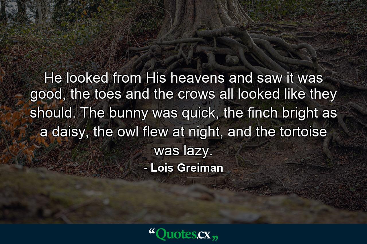 He looked from His heavens and saw it was good, the toes and the crows all looked like they should. The bunny was quick, the finch bright as a daisy, the owl flew at night, and the tortoise was lazy. - Quote by Lois Greiman