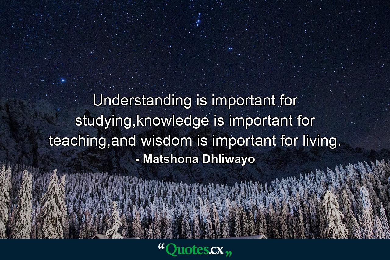 Understanding is important for studying,knowledge is important for teaching,and wisdom is important for living. - Quote by Matshona Dhliwayo