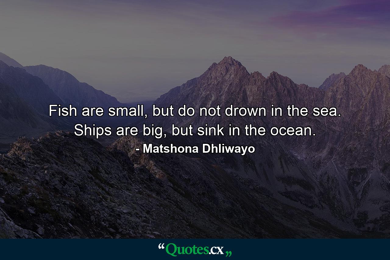 Fish are small, but do not drown in the sea. Ships are big, but sink in the ocean. - Quote by Matshona Dhliwayo