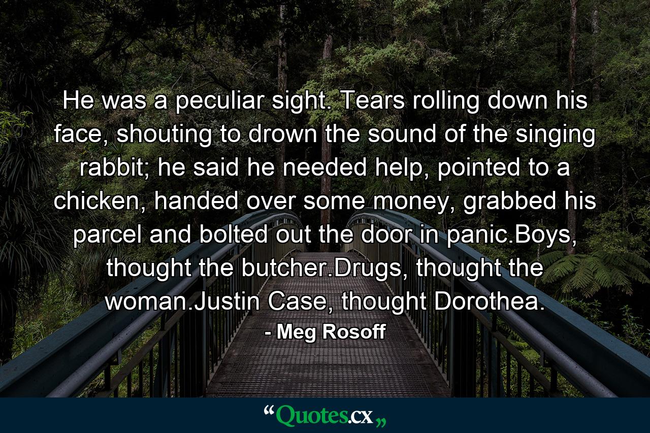 He was a peculiar sight. Tears rolling down his face, shouting to drown the sound of the singing rabbit; he said he needed help, pointed to a chicken, handed over some money, grabbed his parcel and bolted out the door in panic.Boys, thought the butcher.Drugs, thought the woman.Justin Case, thought Dorothea. - Quote by Meg Rosoff