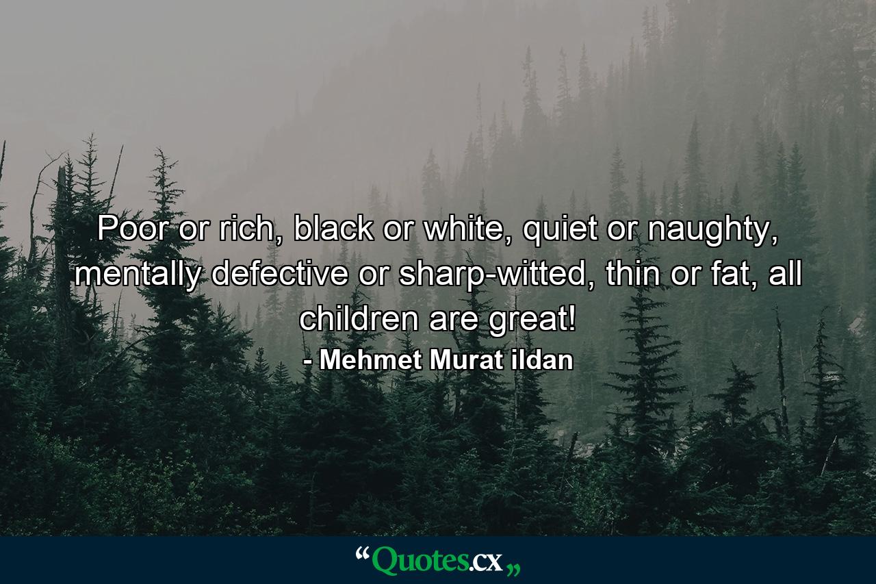 Poor or rich, black or white, quiet or naughty, mentally defective or sharp-witted, thin or fat, all children are great! - Quote by Mehmet Murat ildan