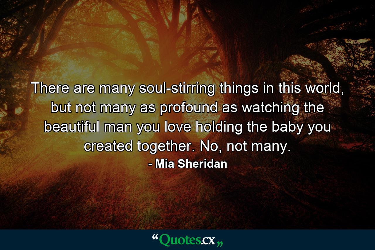 There are many soul-stirring things in this world, but not many as profound as watching the beautiful man you love holding the baby you created together. No, not many. - Quote by Mia Sheridan