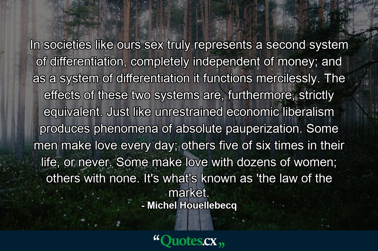 In societies like ours sex truly represents a second system of differentiation, completely independent of money; and as a system of differentiation it functions mercilessly. The effects of these two systems are, furthermore, strictly equivalent. Just like unrestrained economic liberalism produces phenomena of absolute pauperization. Some men make love every day; others five of six times in their life, or never. Some make love with dozens of women; others with none. It's what's known as 'the law of the market. - Quote by Michel Houellebecq